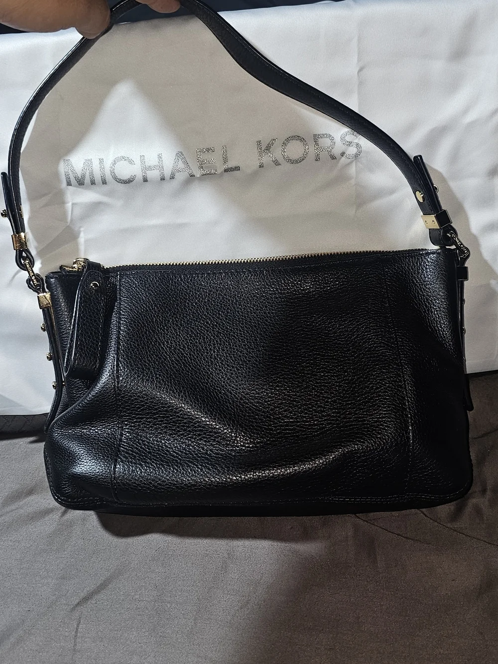 Authentic Michael Kors Black Pebbled Leather Shoulder Bag with Gold Hardware